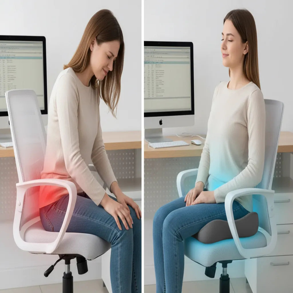Avant après coussin coccyx ergonomique IceRelief - soulagement douleurs bas du dos et sciatique en position assise bureau