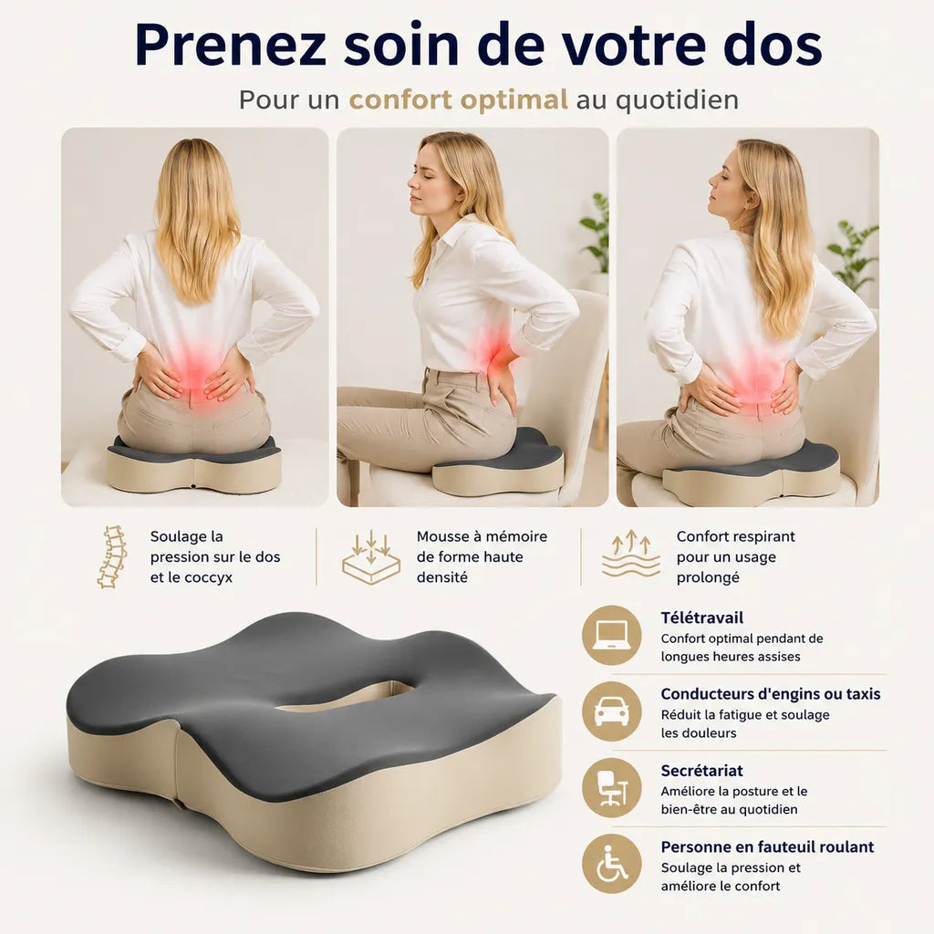 Femme soulagée assise sur coussin coccyx ergonomique IceRelief mémoire de forme – soulagement sciatique et mal de dos au bureau