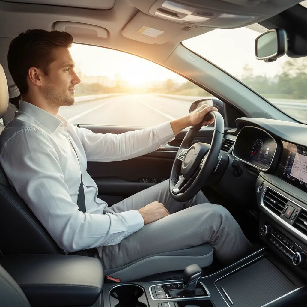 Homme conduisant confortablement avec coussin de siège ergonomique IceRelief - longs trajets voiture soulagement coccyx