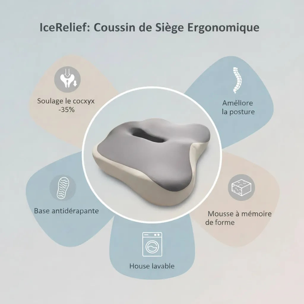 Infographie coussin de siège ergonomique IceRelief - soulage coccyx -35%, améliore posture, mousse à mémoire de forme, base antidérapante, housse lavable