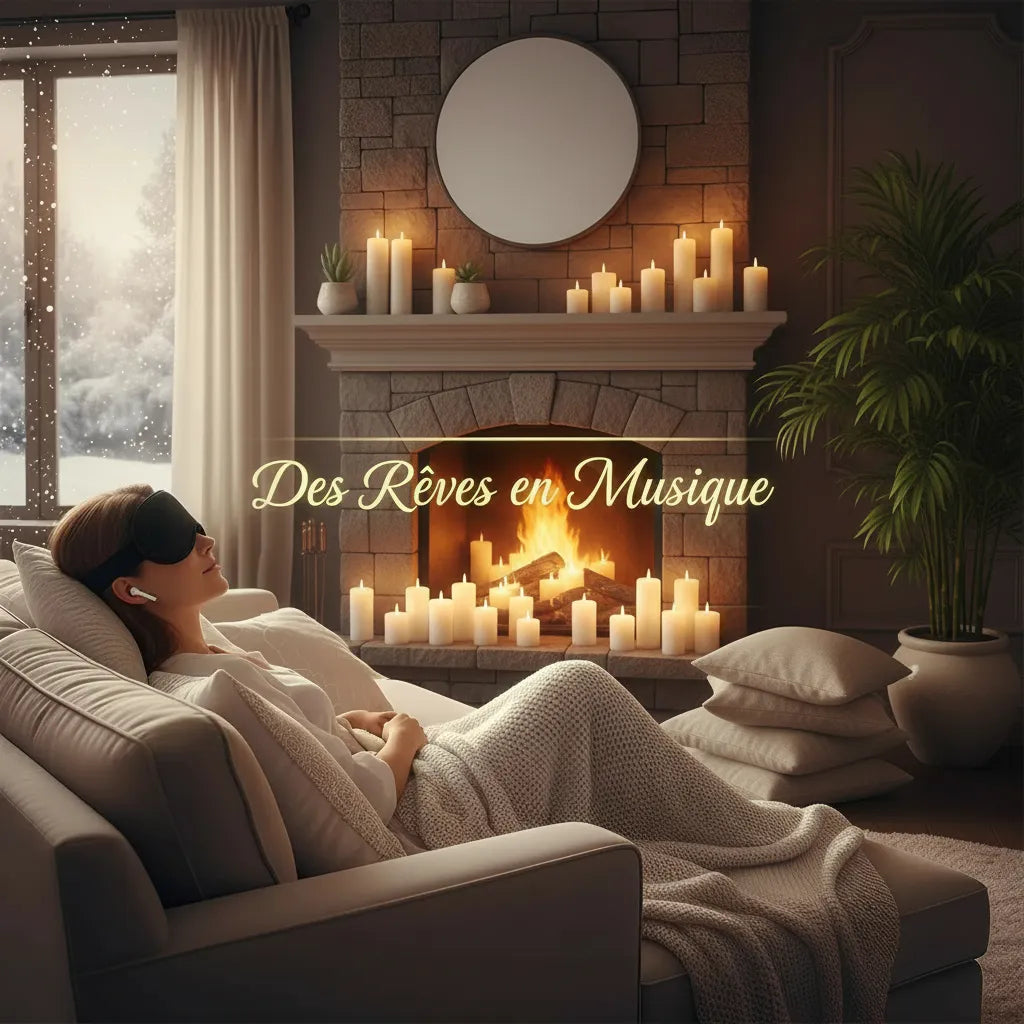 Femme se relaxant sur canapé avec masque de sommeil près de la cheminée - Ambiance cocooning et détente