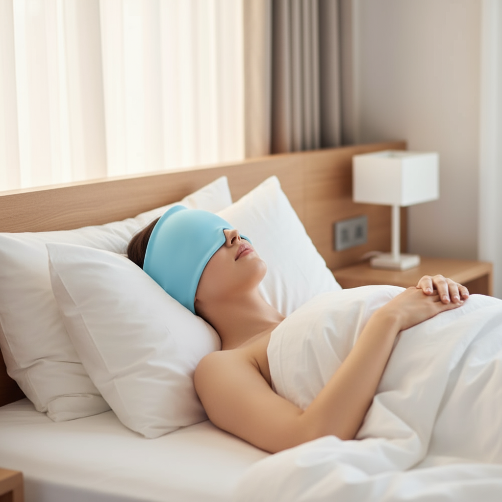 Bonnet anti-migraine gel froid bleu - femme repos lit soulagement migraine
