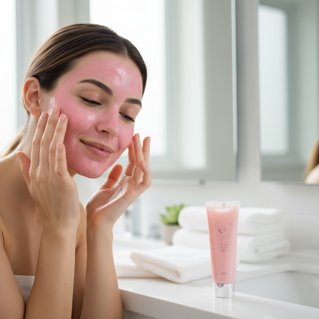 Masque visage collagène hydratant anti-âge - femme appliquant soin raffermissant
