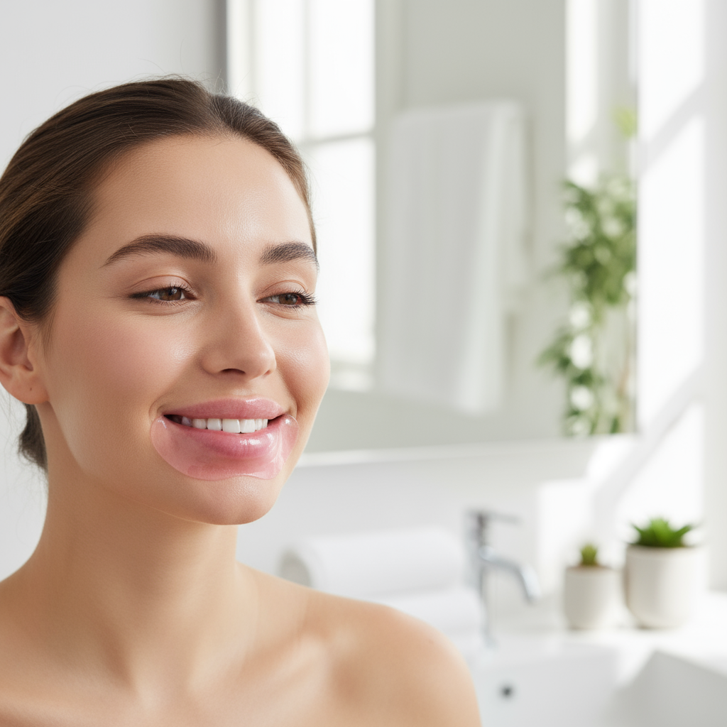 Patch lèvres collagène acide hyaluronique - femme appliquant soin repulpant hydratant
