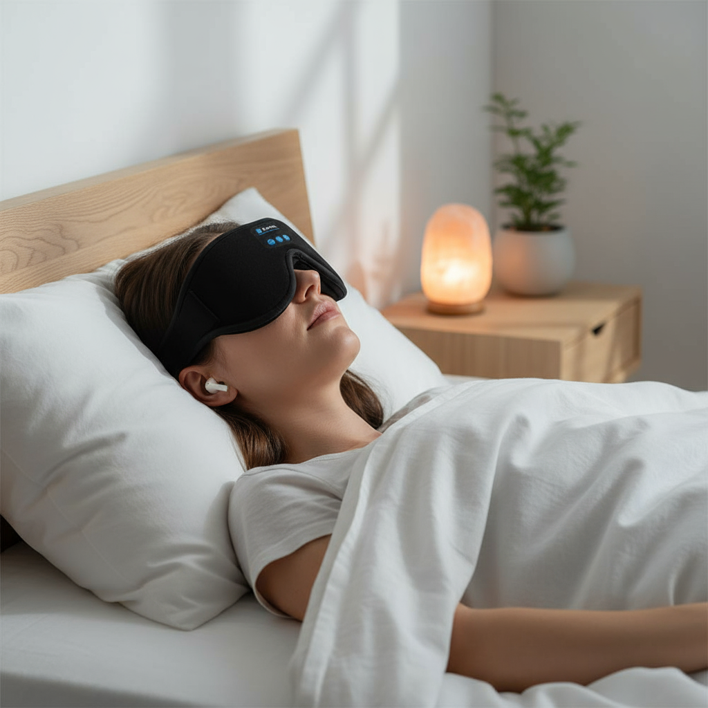 Masque sommeil Bluetooth 3D - femme dormant paisiblement avec musique relaxante occultation totale