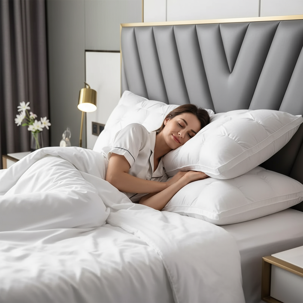 Oreiller hôtel 5 étoiles luxe premium - femme dormant confortablement chambre palace