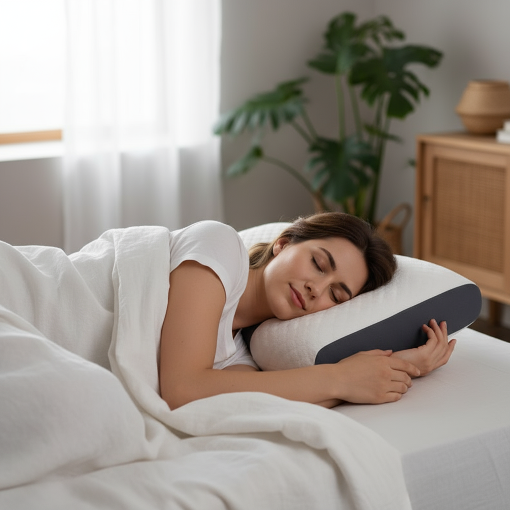 Femme dormant confortablement sur oreiller cervical orthopédique IceRelief en fibre de soja