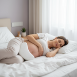 Oreiller jambes ergonomique grossesse - femme enceinte dormant confortablement soulagement lombaires
