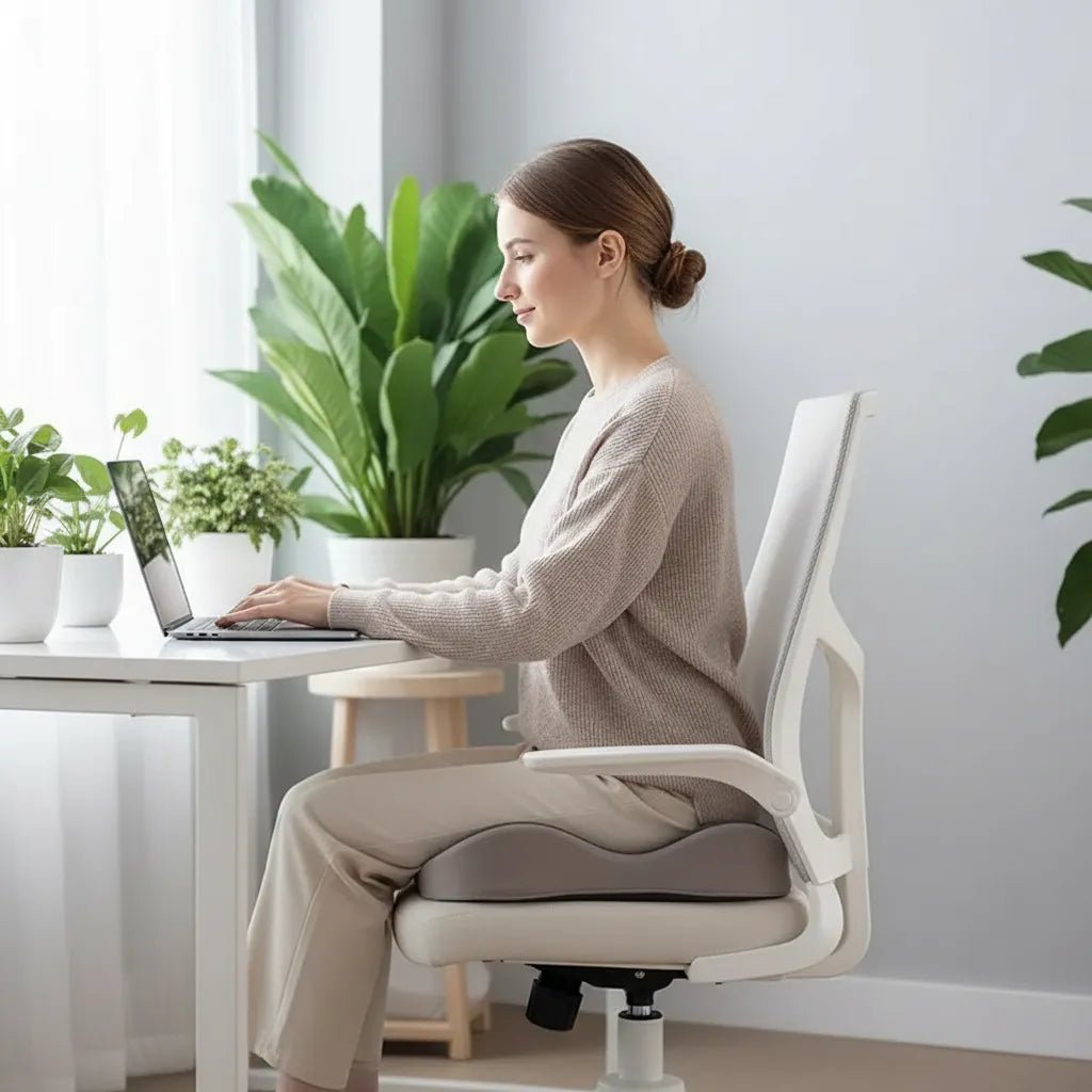 Femme travaillant confortablement au bureau avec coussin de siège ergonomique IceRelief - télétravail améliore posture