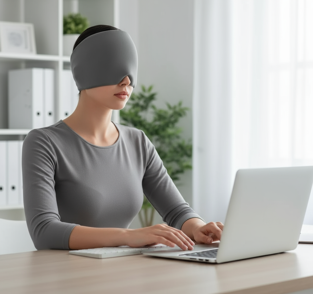 Bonnet anti-migraine gel froid gris icerelief64 - femme bureau travail soulagement maux de tête
