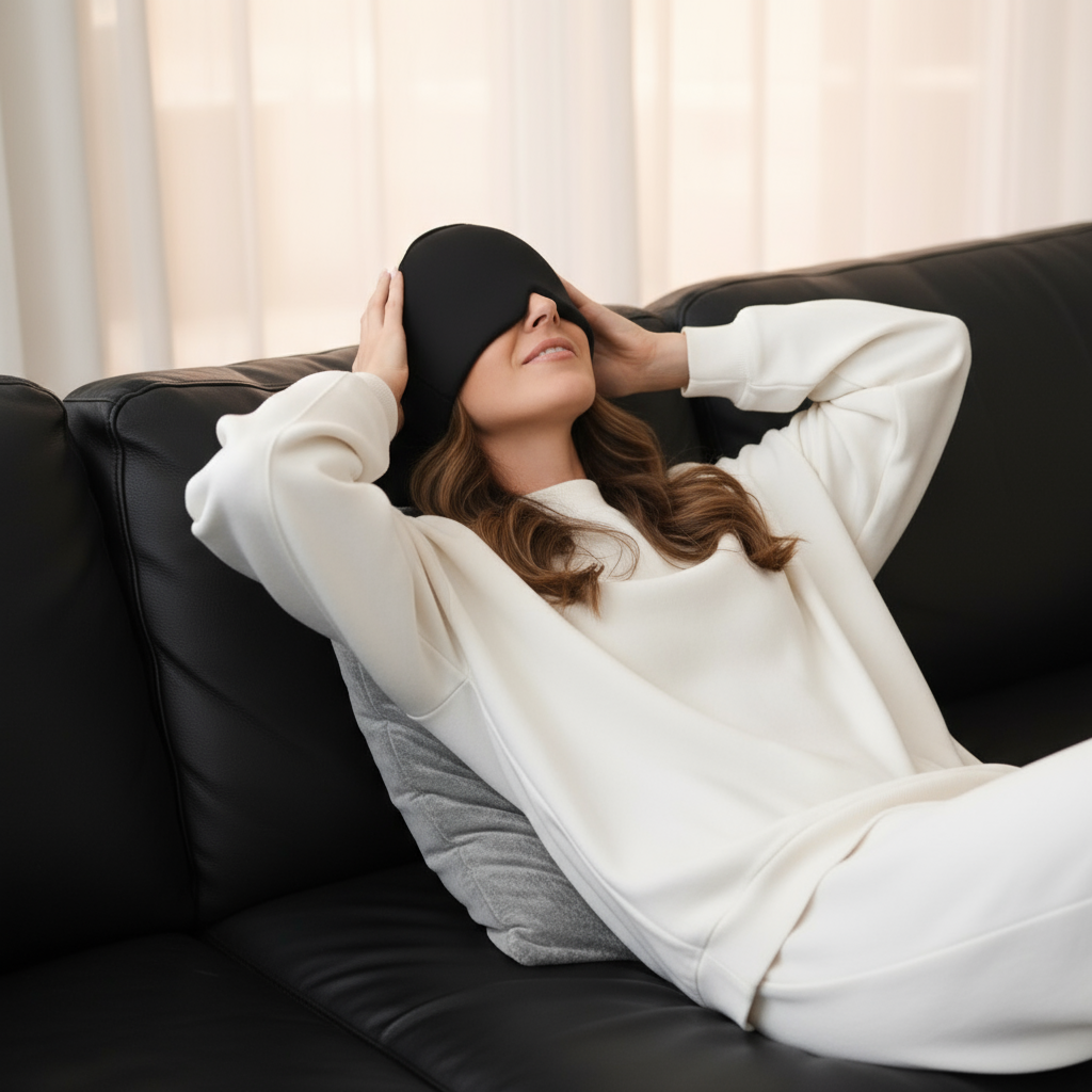 Bonnet anti-migraine gel froid noir - femme détente canapé cuir soulagement migraine chic
