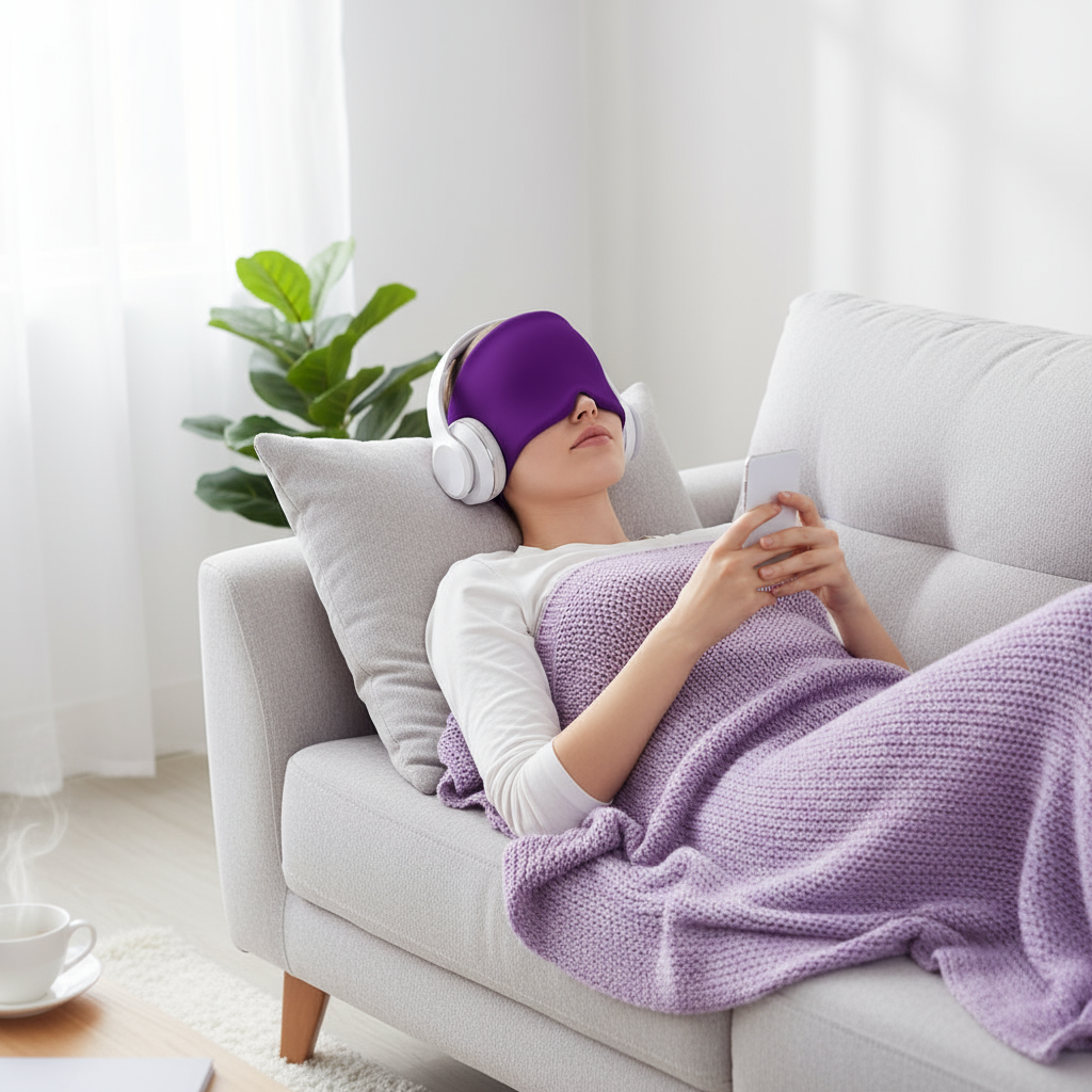 Bonnet anti-migraine gel froid violet - femme écoutant musique relaxation soulagement maux de tête
