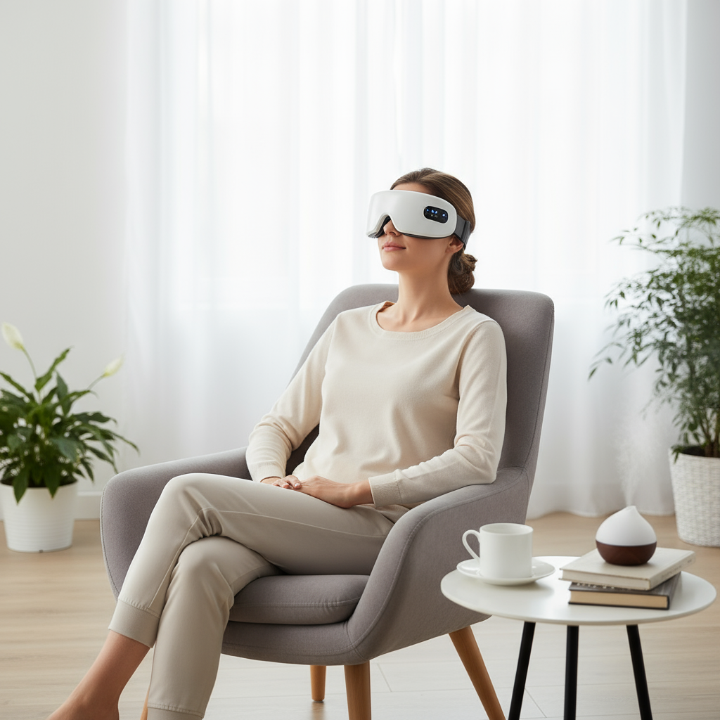 Masseur yeux bluetooth pression air chaleur blanc - femme relaxation soulagement yeux fatigués
