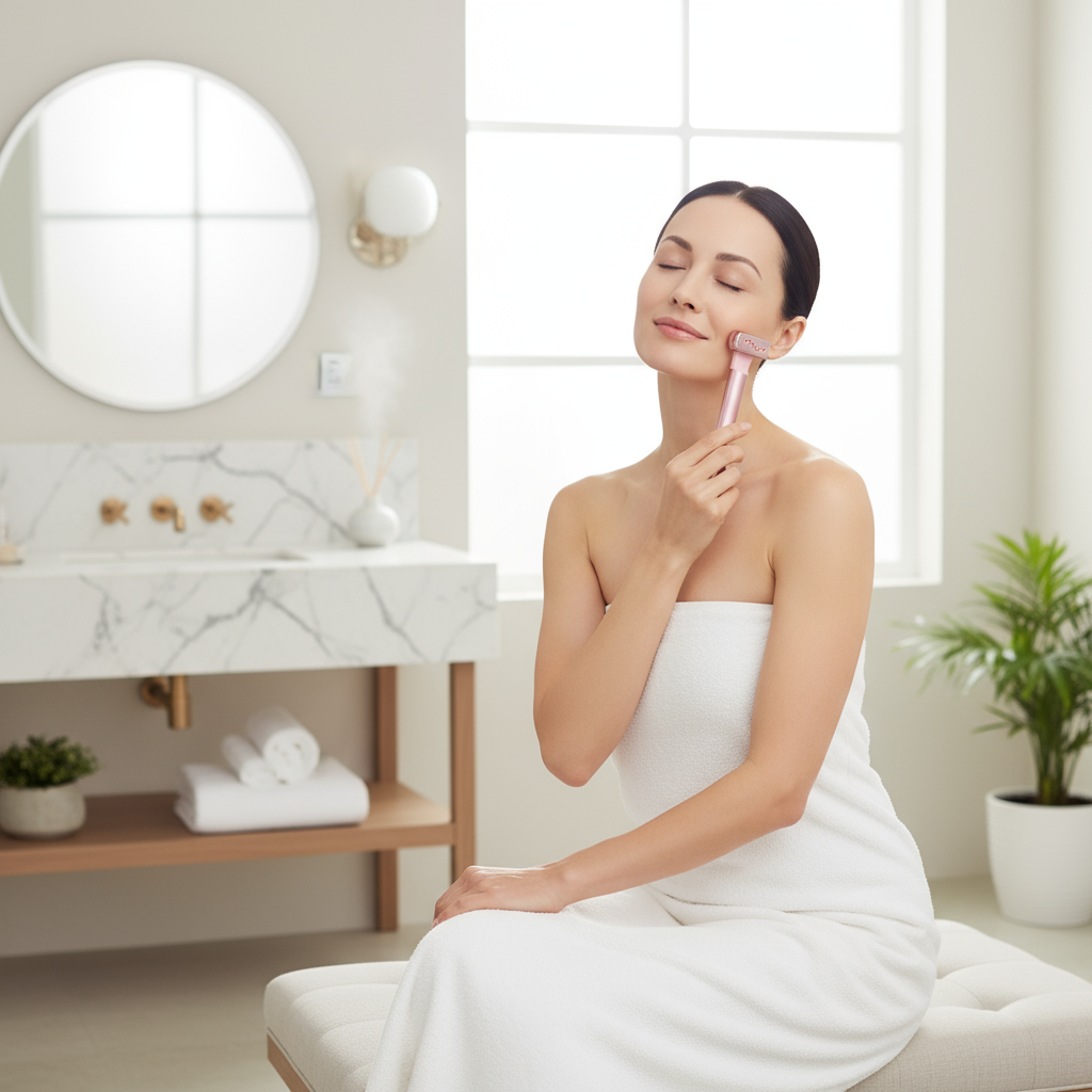 Appareil lifting visage EMS anti-rides - femme utilisant microcourants raffermissants à domicile
