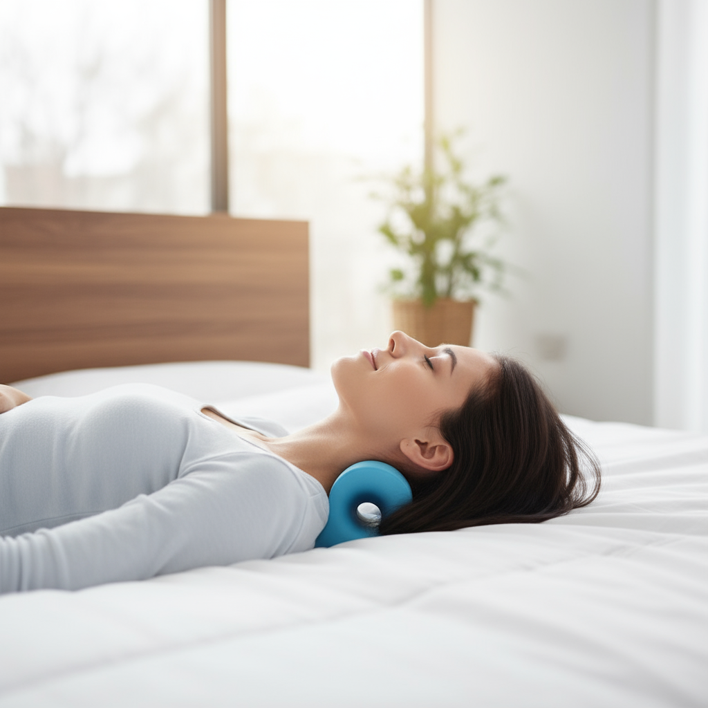 Appareil traction cervicale soulagement cou bleu - femme relaxation douleurs cervicales
