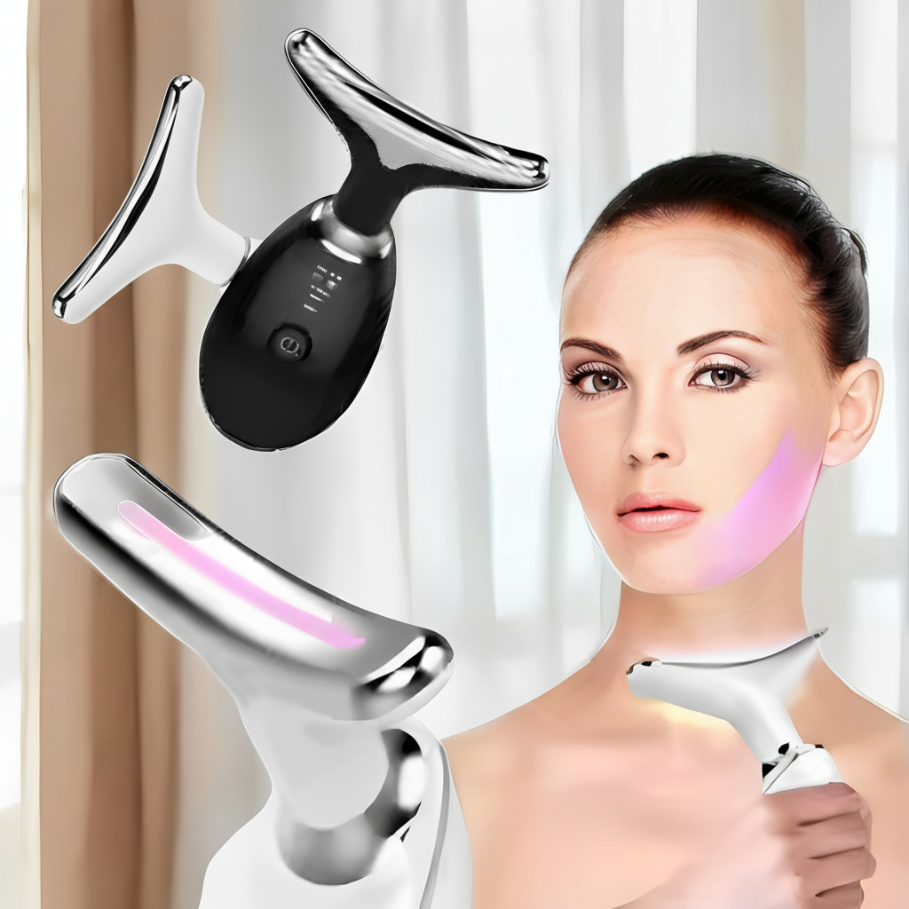 Masseur visage LED anti-rides raffermissant - femme utilisant appareil chromé lumière rose
