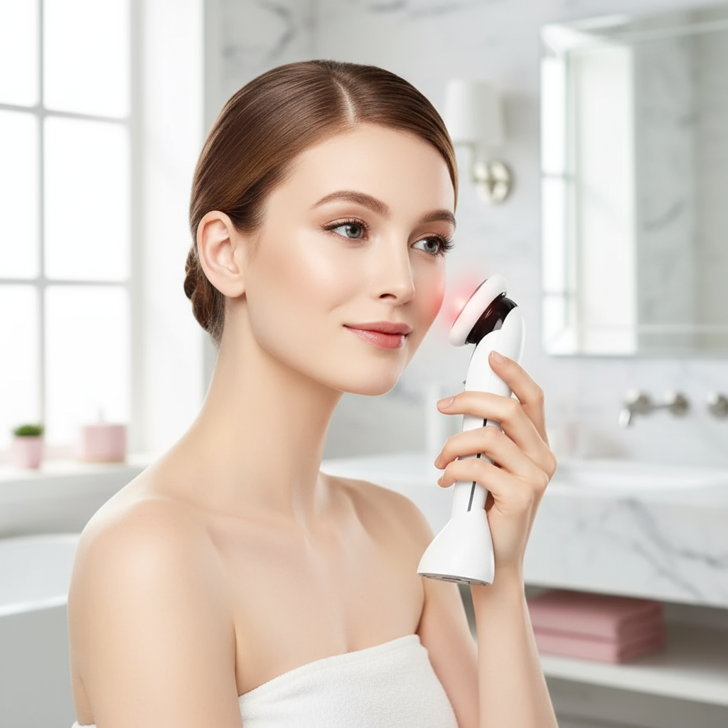 Masseur visage 7-en-1 LED EMS - femme utilisant appareil anti-âge raffermissant à domicile