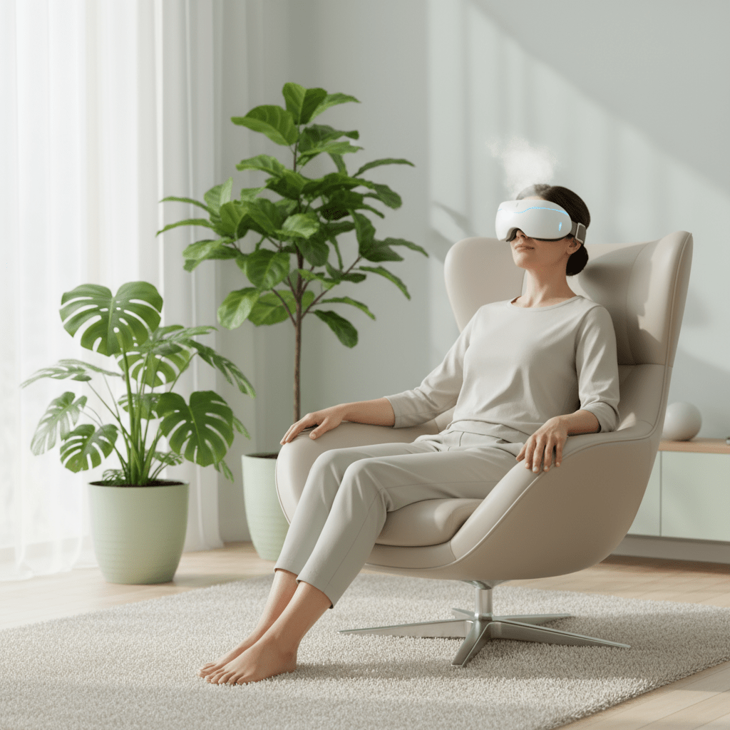 Masseur yeux vapeur acupression - femme se relaxant à la maison anti-fatigue oculaire