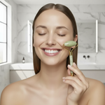 Rouleau massage visage jade vert - femme utilisant pierre naturelle drainage facial
