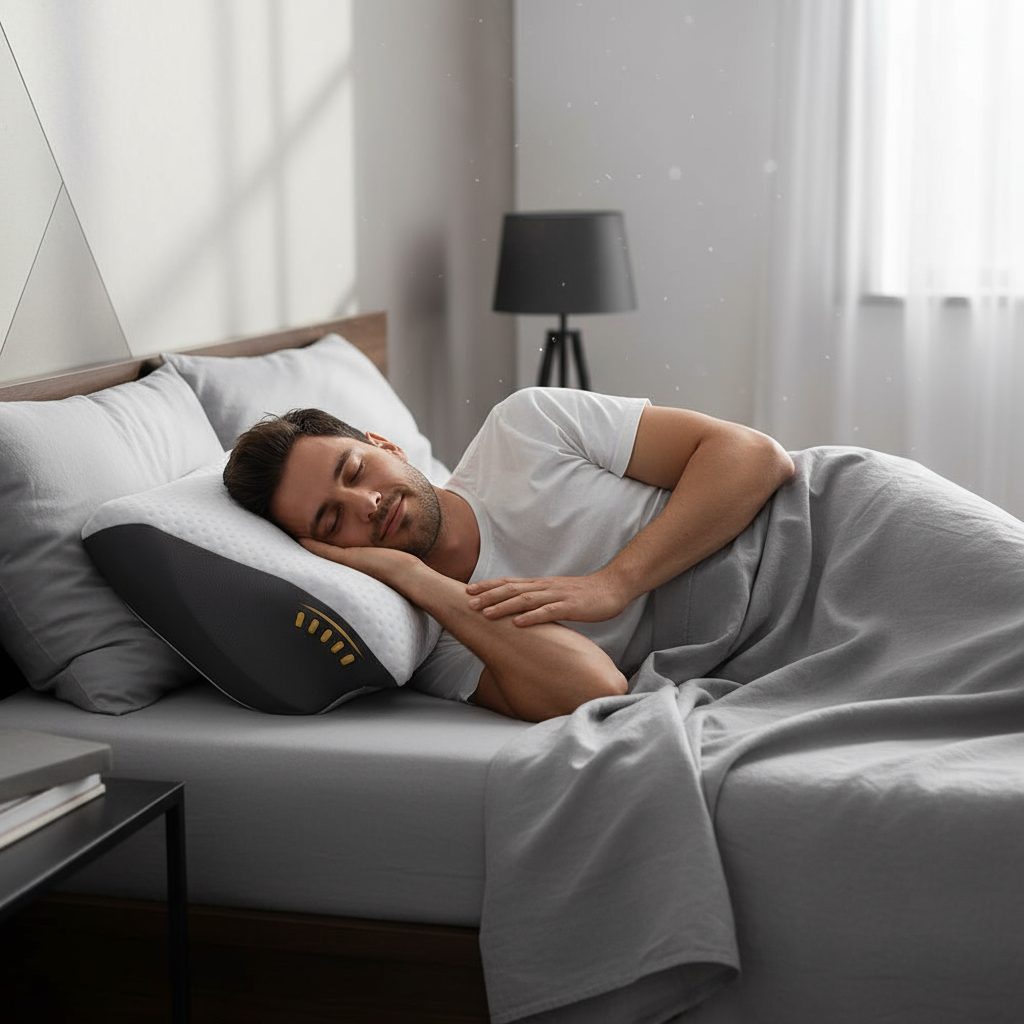 Oreiller cervical 2-en-1 gris - homme dormant sur côté support cou épaules optimal
