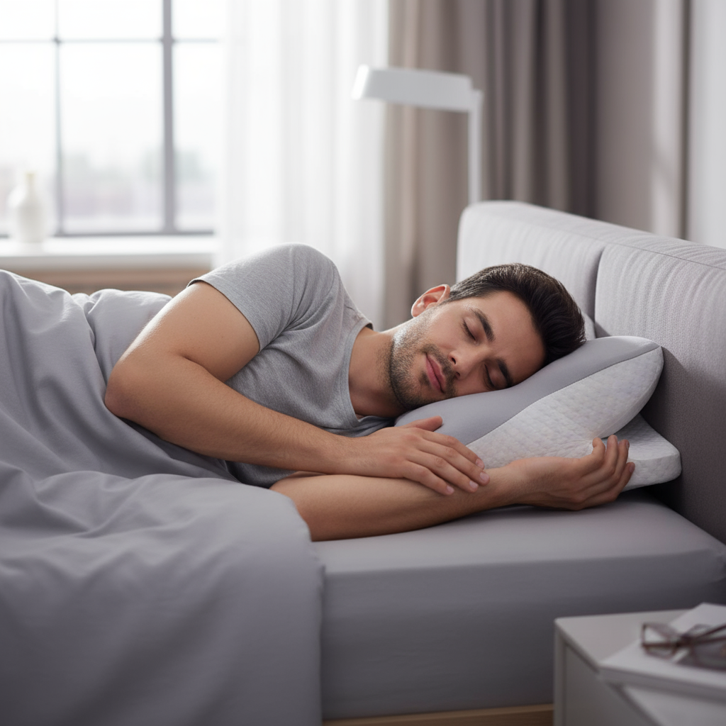 Oreiller cervical papillon étoile - homme dormant côté support cervical ergonomique
