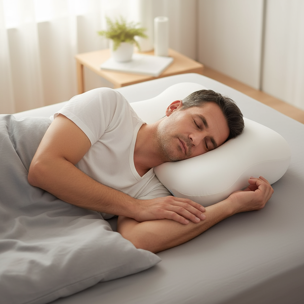 Oreiller cervical papillon mémoire de forme - homme dormant côté support cervical ergonomique
