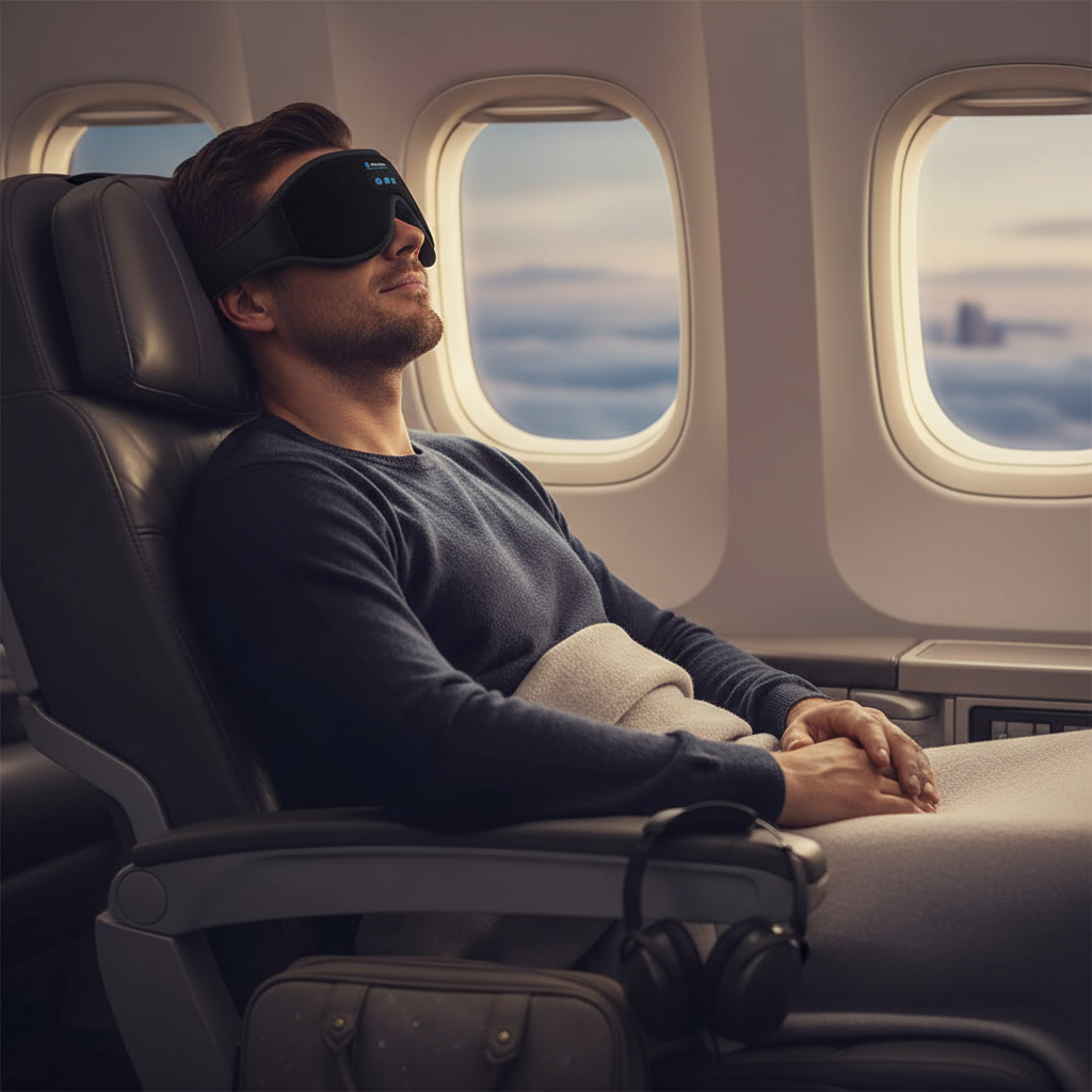 Masque sommeil Bluetooth 3D voyage - homme dormant confortablement en avion ou train