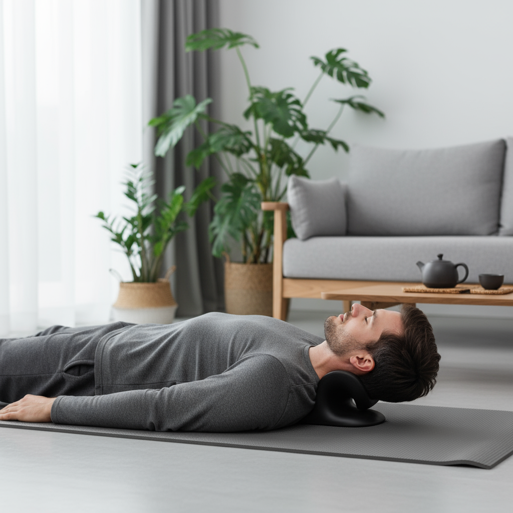 Appareil traction cervicale noir - homme thérapie domicile soulagement tensions cou
