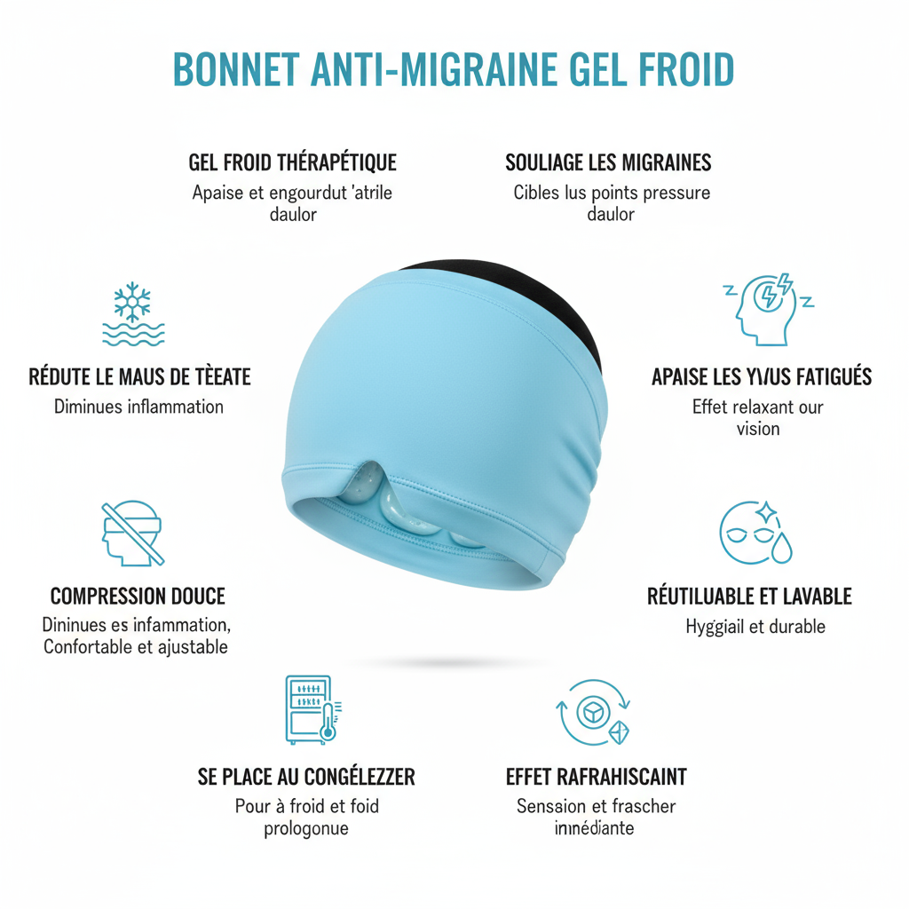 Bénéfices bonnet anti-migraine gel froid icerelief64 - soulage migraines, yeux fatigués, effet rafraîchissant
