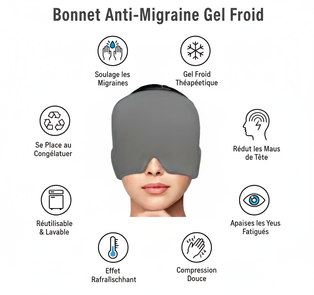 Bénéfices bonnet anti-migraine gel froid gris - soulage migraines, yeux fatigués, rafraîchissant
