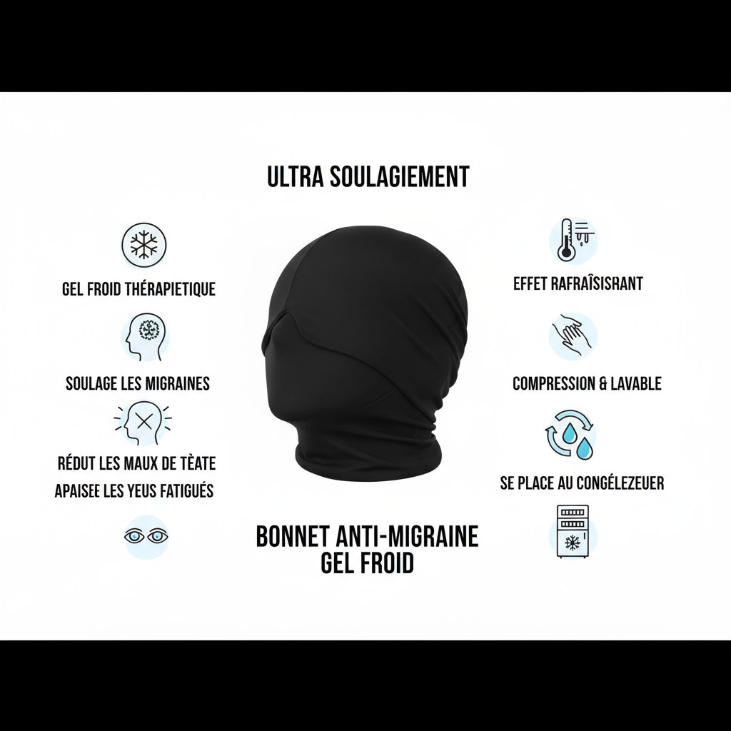 Bénéfices bonnet anti-migraine gel froid noir - soulage migraines, yeux fatigués, rafraîchissant
