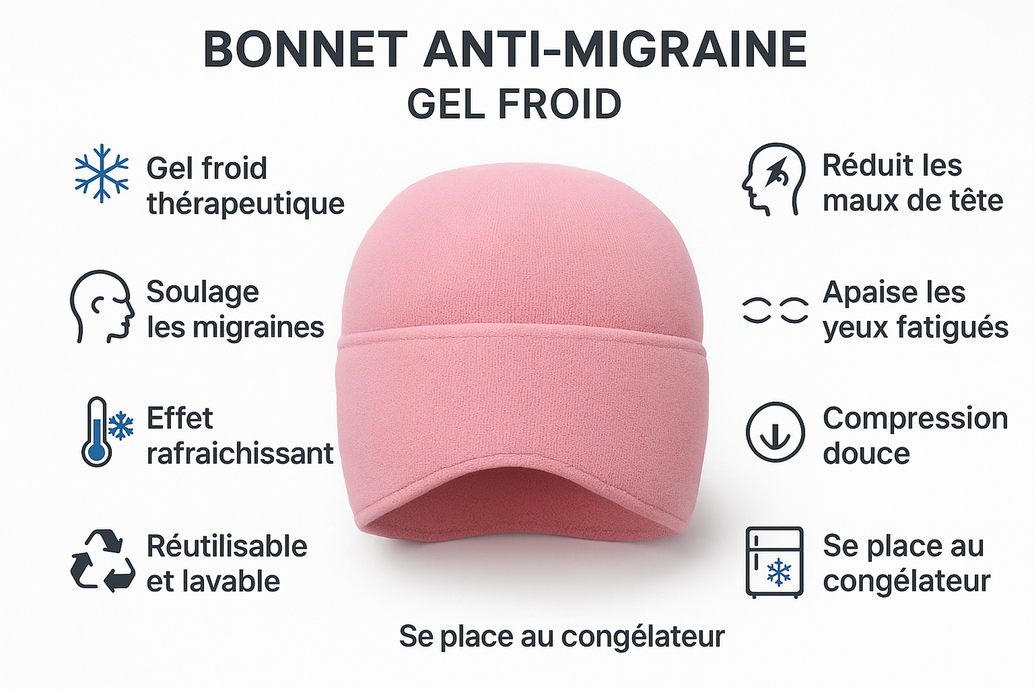 Bénéfices bonnet anti-migraine gel froid rose - soulage migraines, yeux fatigués, rafraîchissant
