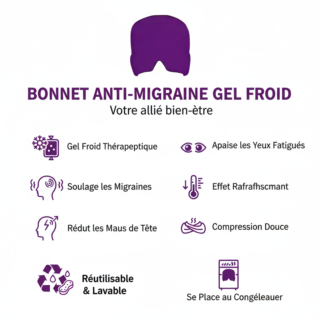 Bénéfices bonnet anti-migraine gel froid violet - soulage migraines, yeux fatigués, rafraîchissant
