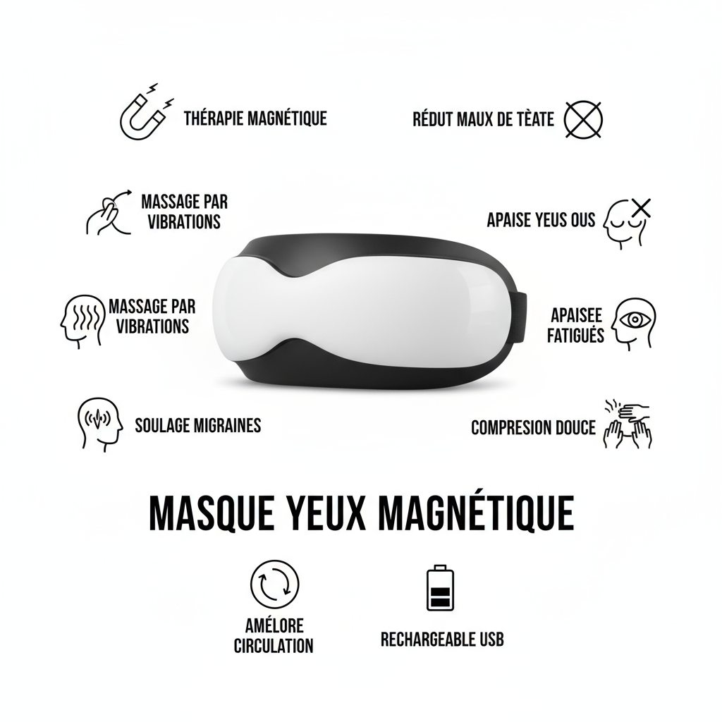 Bénéfices masque yeux magnétique - thérapie magnétique, massage vibrations, soulage migraines
