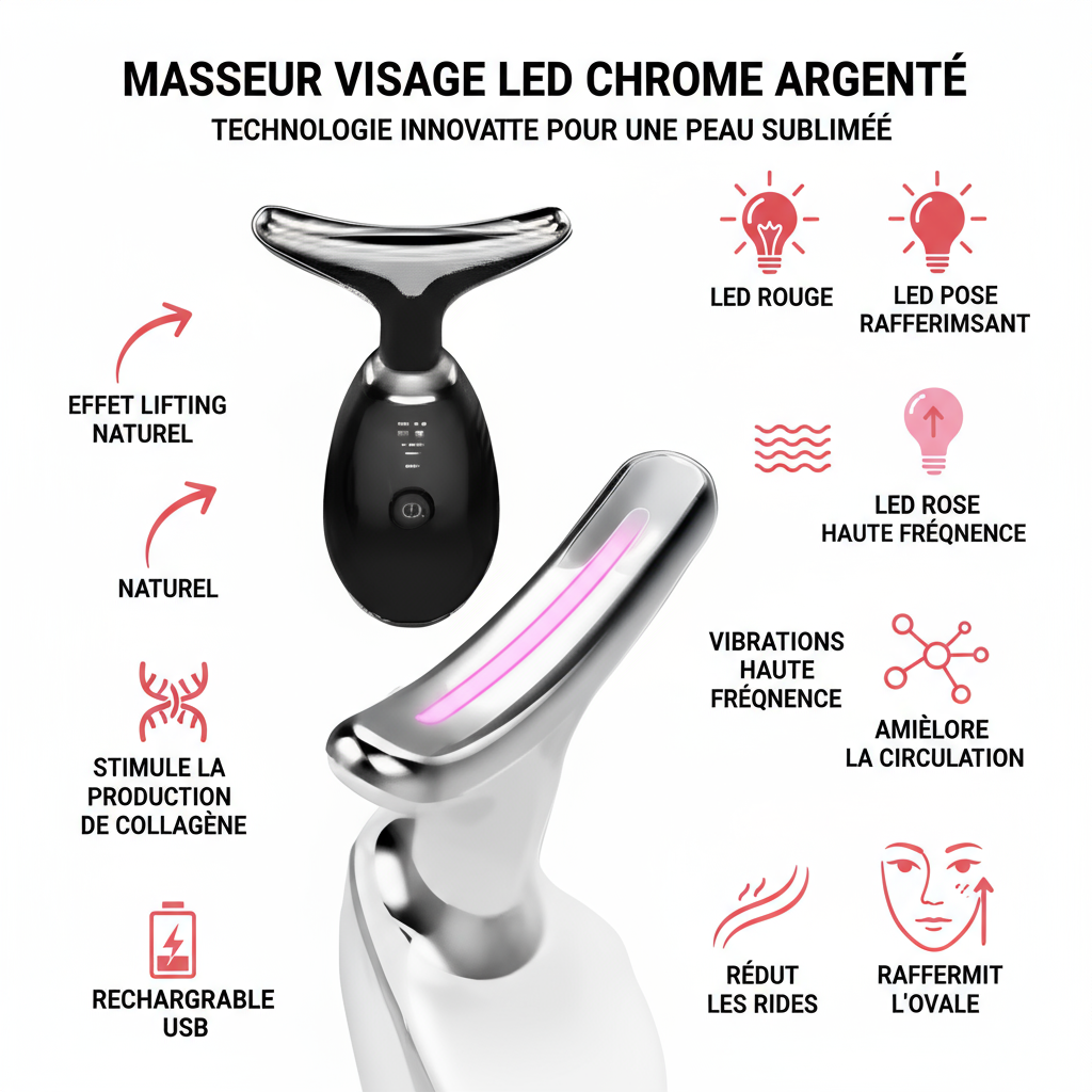 Technologies masseur visage LED - lumière rouge rose, vibrations, lifting, stimulation collagène
