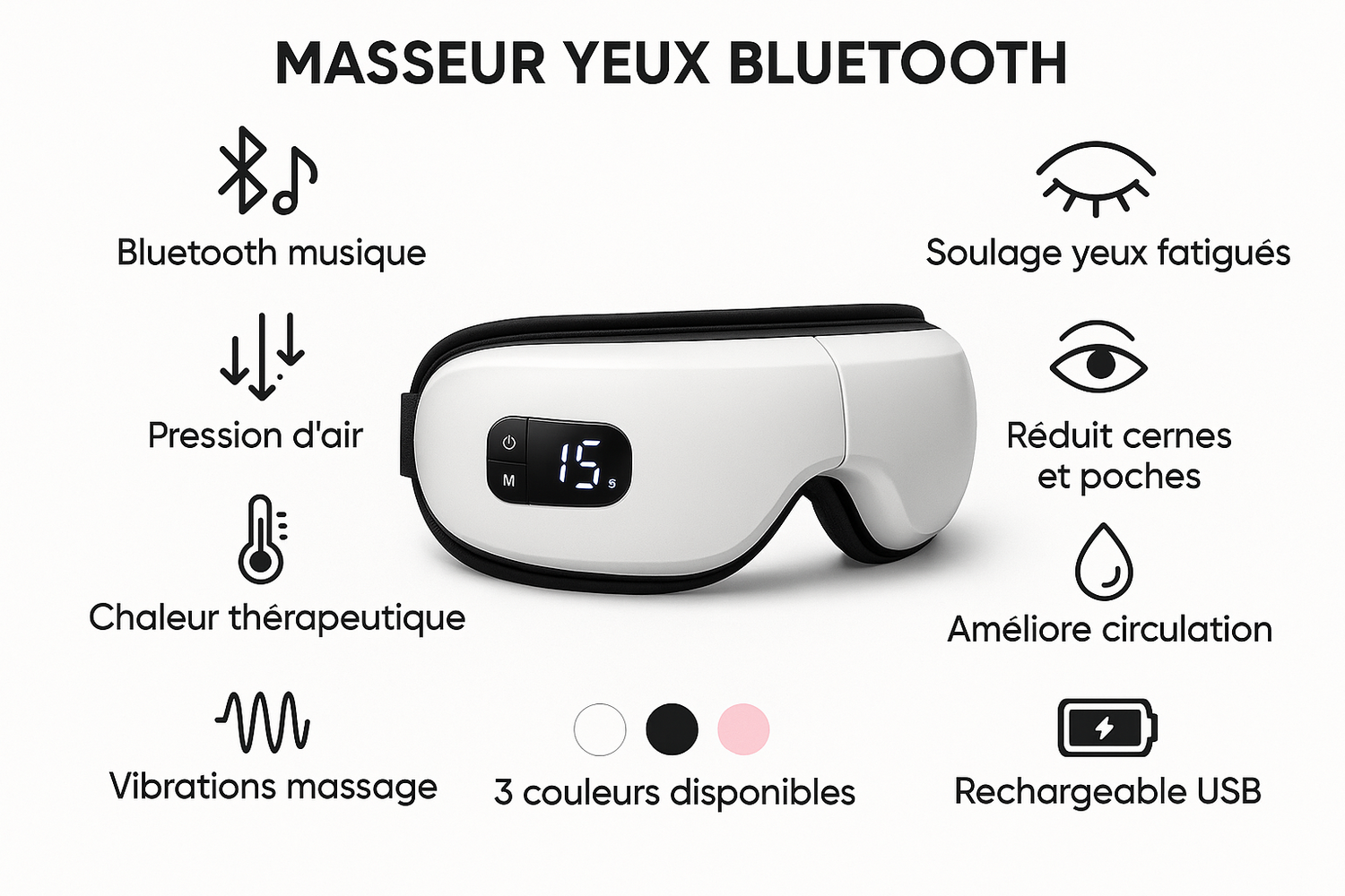 Bénéfices masseur yeux bluetooth - pression air, chaleur, vibrations, musique, 3 couleurs icerelief64
