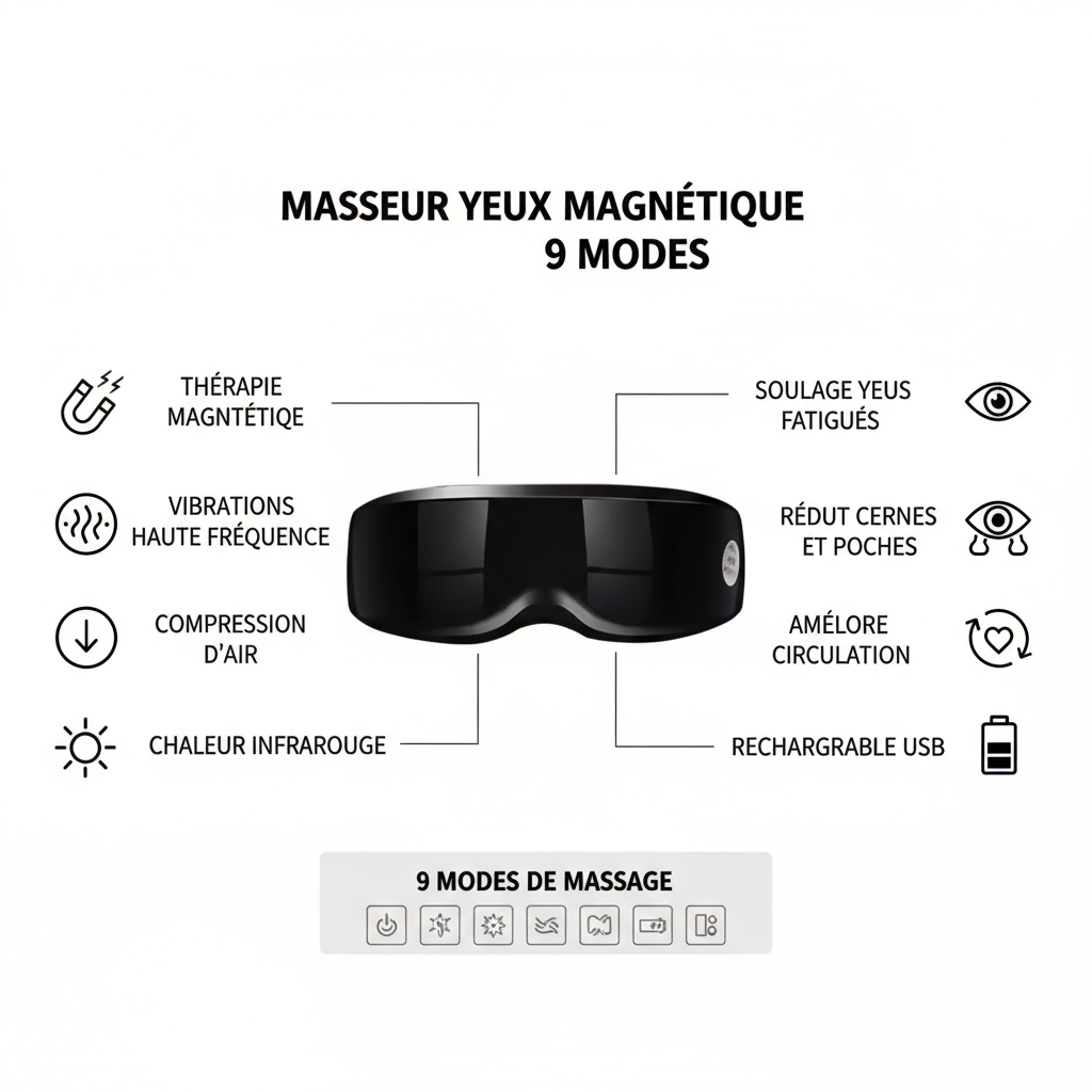 Bénéfices masseur yeux magnétique 9 modes - thérapie magnétique, vibrations, compression, chaleur infrarouge
