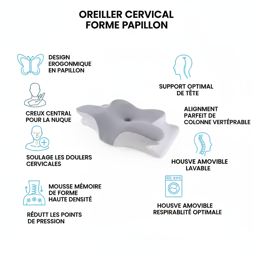 Bénéfices oreiller cervical forme papillon - creux central nuque, alignement colonne, confort
