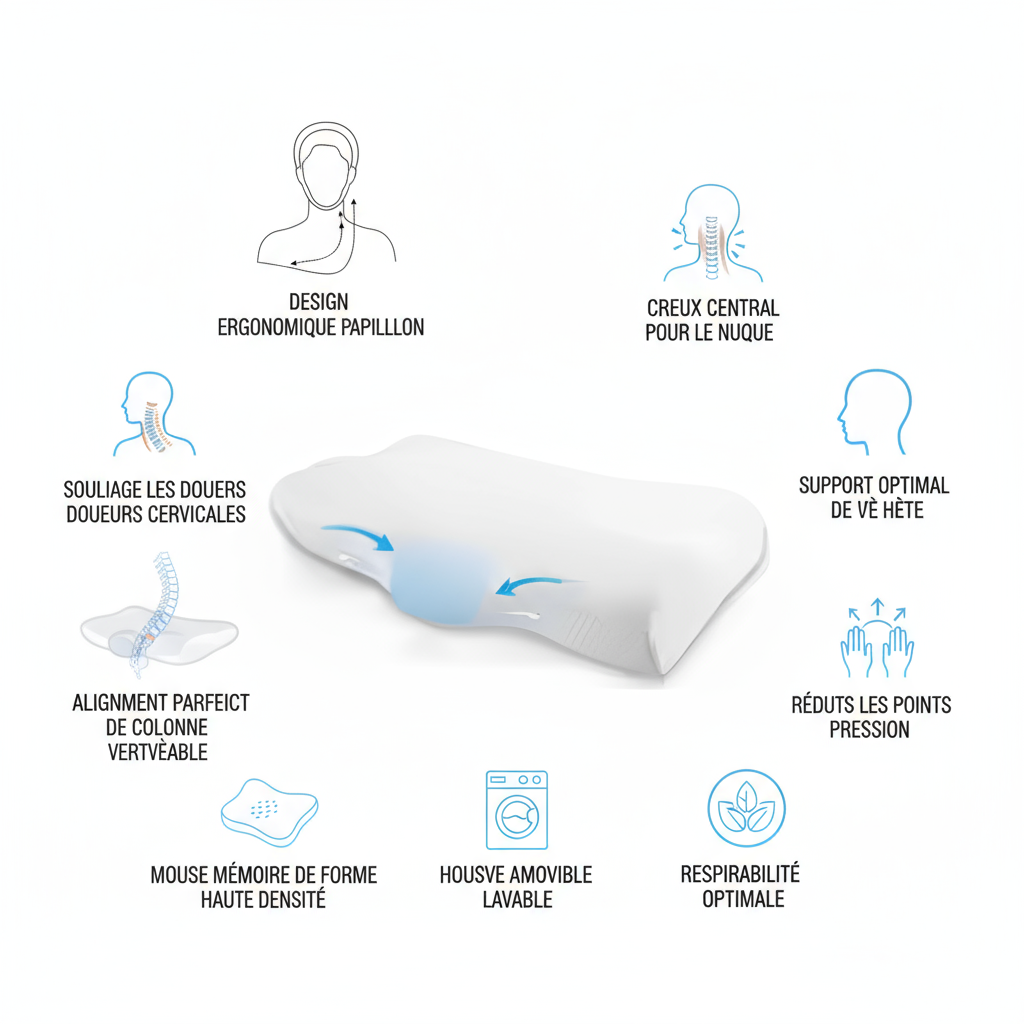 Bénéfices oreiller cervical papillon icerelief64 - creux central nuque, alignement colonne, confort
