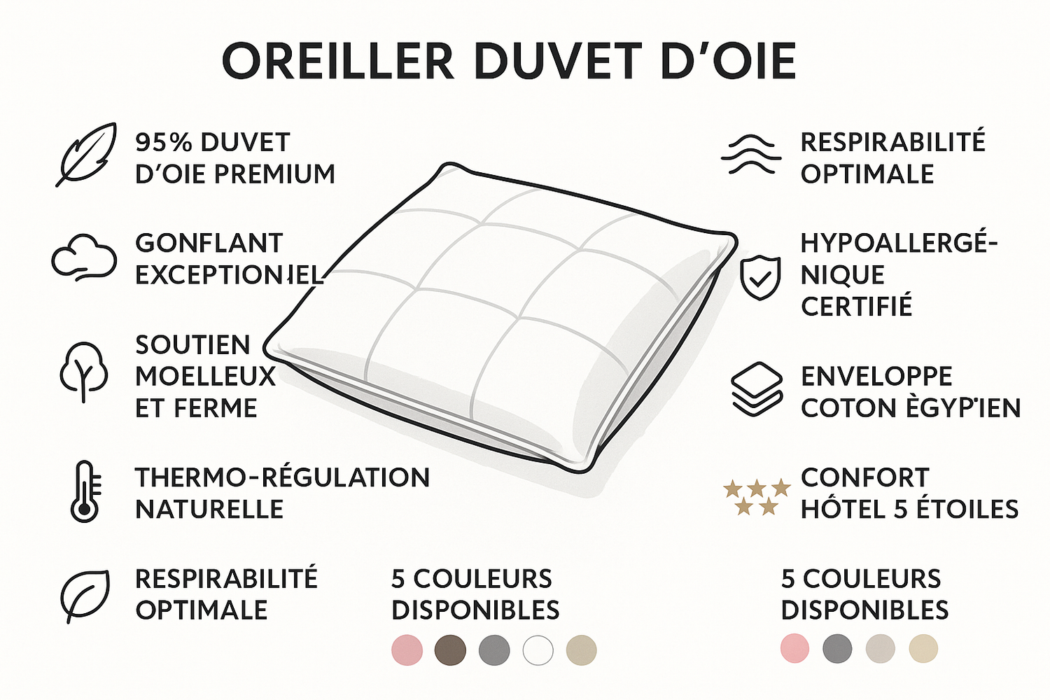 Bénéfices oreiller duvet d'oie 95% - gonflant exceptionnel thermorégulation confort 5 étoiles
