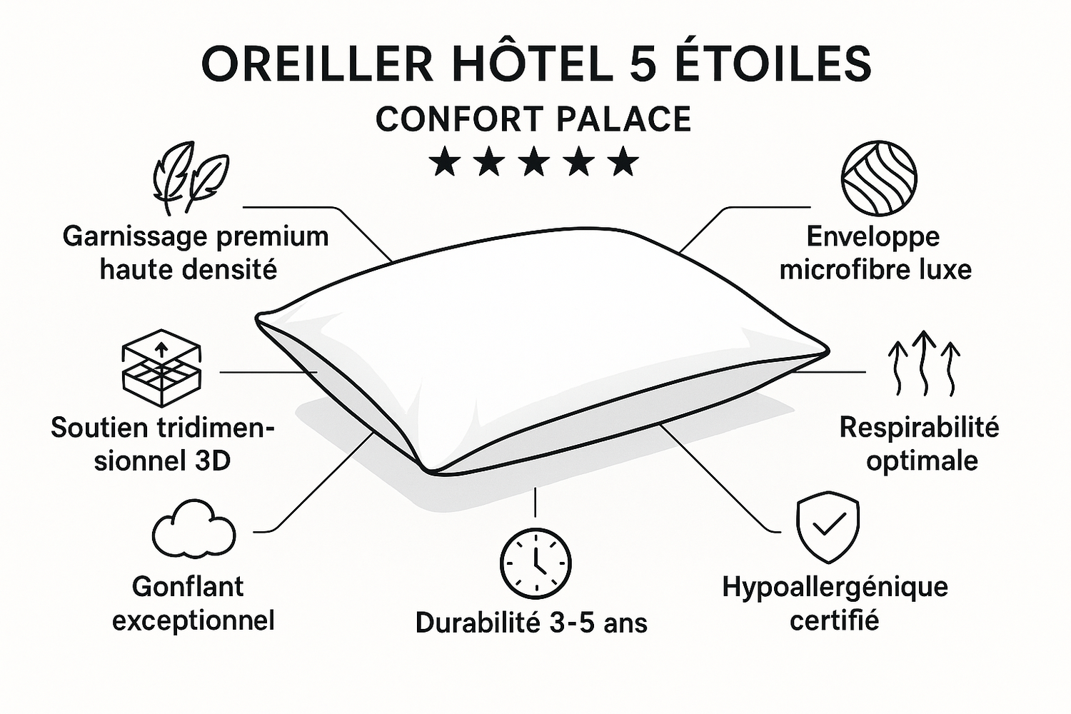 Technologies oreiller hôtel 5 étoiles - garnissage premium, soutien 3D, gonflant exceptionnel
