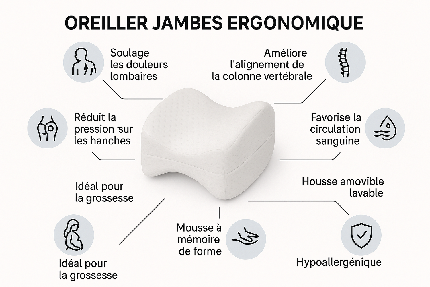 Bénéfices oreiller jambes ergonomique - soulage lombaires, alignement colonne, circulation, grossesse
