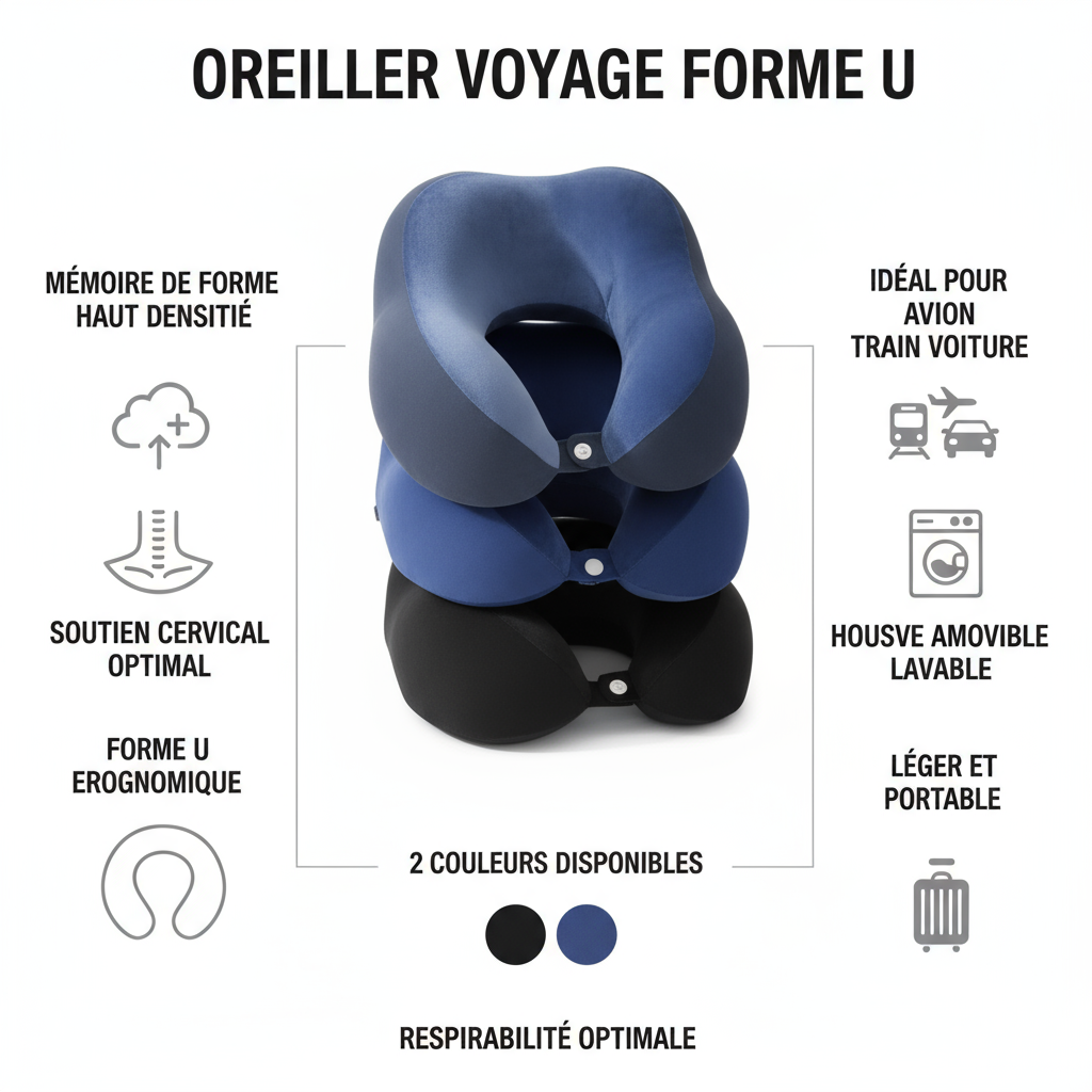 Bénéfices oreiller voyage forme U - mémoire de forme, soutien cervical, portable, 2 couleurs
