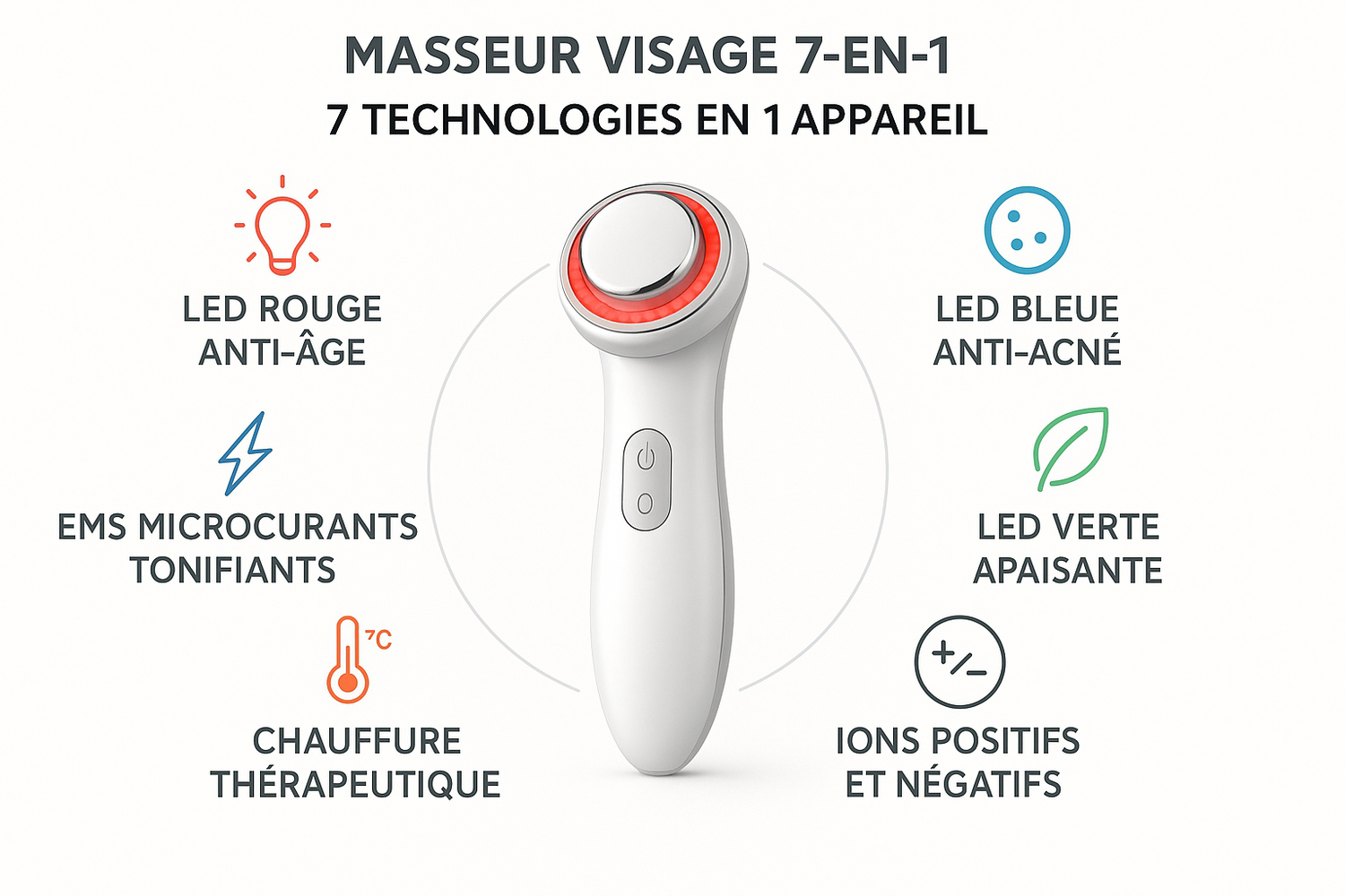 Technologies masseur visage 7-en-1 - LED rouge bleue verte, EMS, chaleur, vibrations, ions