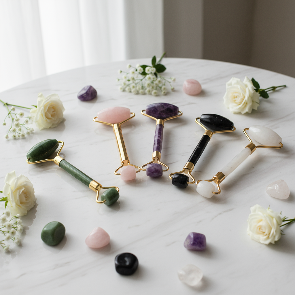 Kit rouleau massage visage 5 couleurs - jade vert quartz rose améthyste obsidienne blanc
