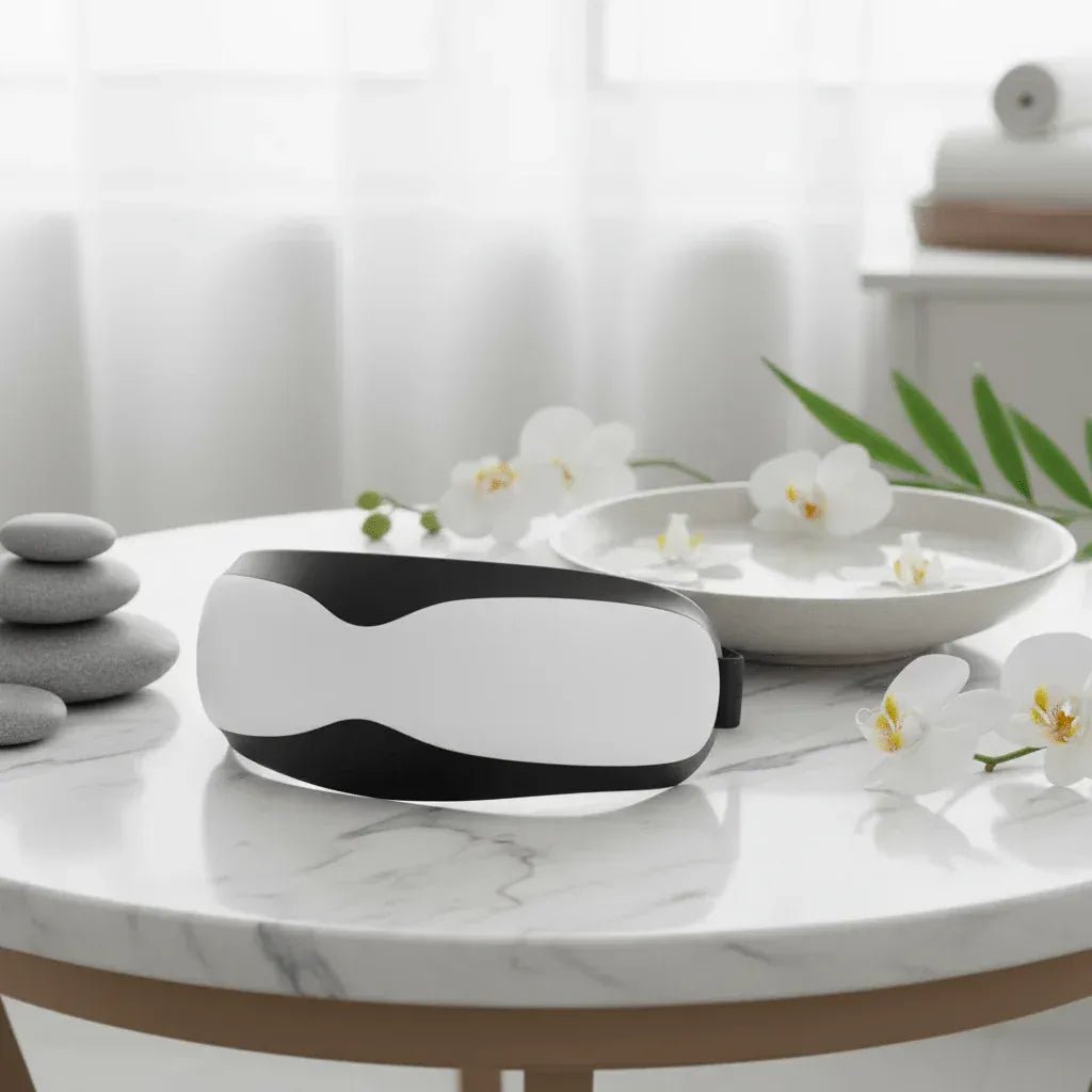 Masque acupression magnétique IceRelief blanc et noir en ambiance spa relaxante