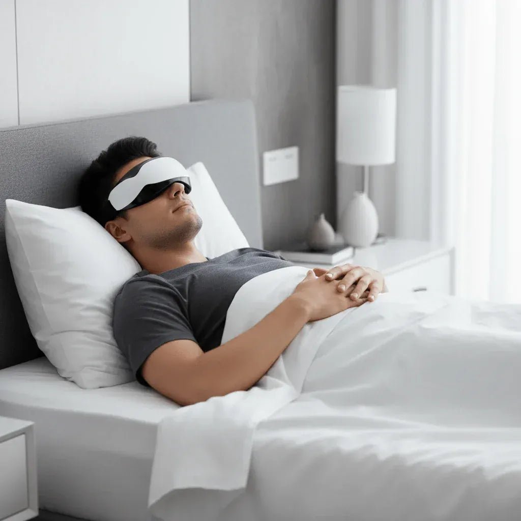 Homme utilisant le masque acupression magnétique IceRelief pour relaxation et soulagement des maux de tête