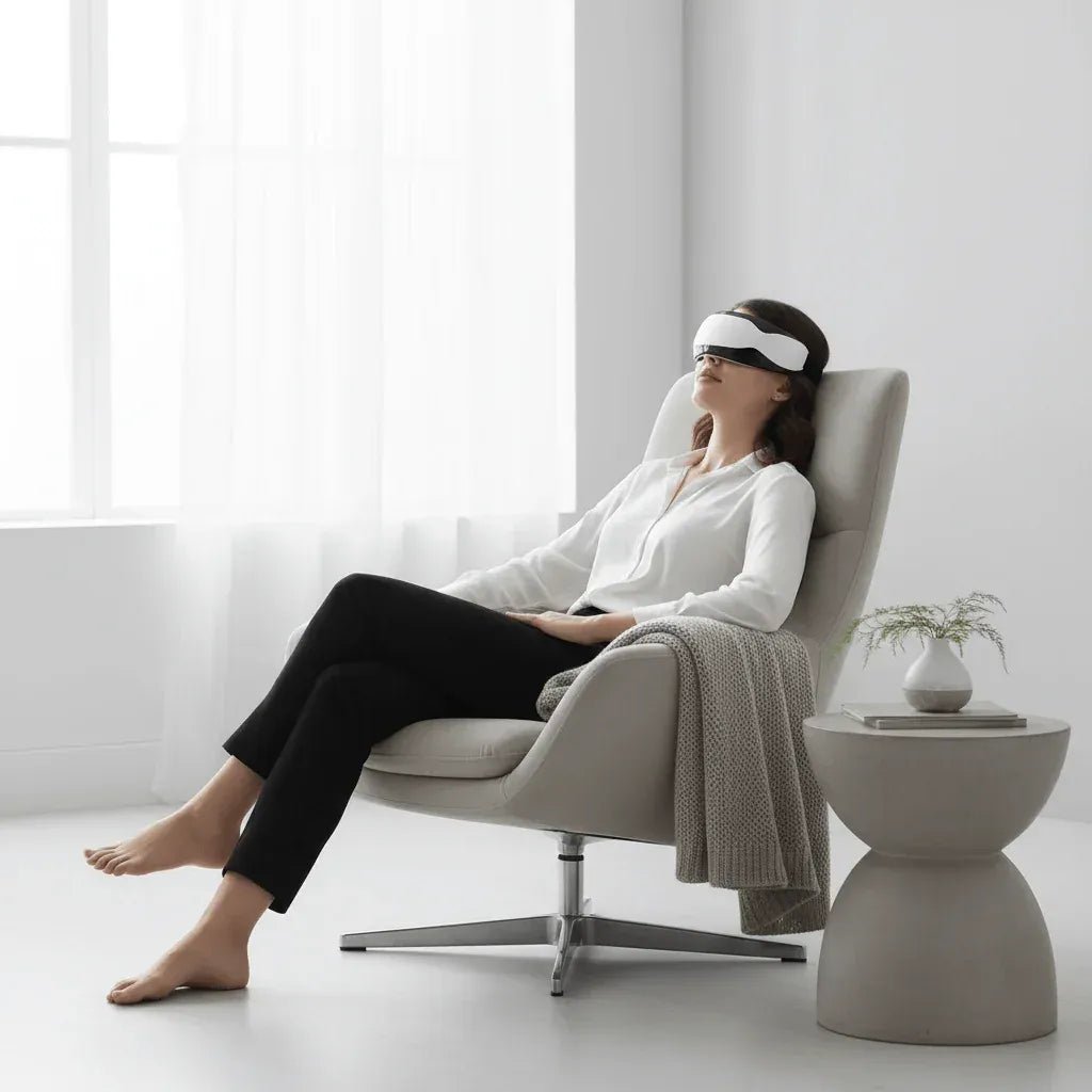 Femme portant le masque acupression magnétique IceRelief pour soulagement stress et tensions oculaires