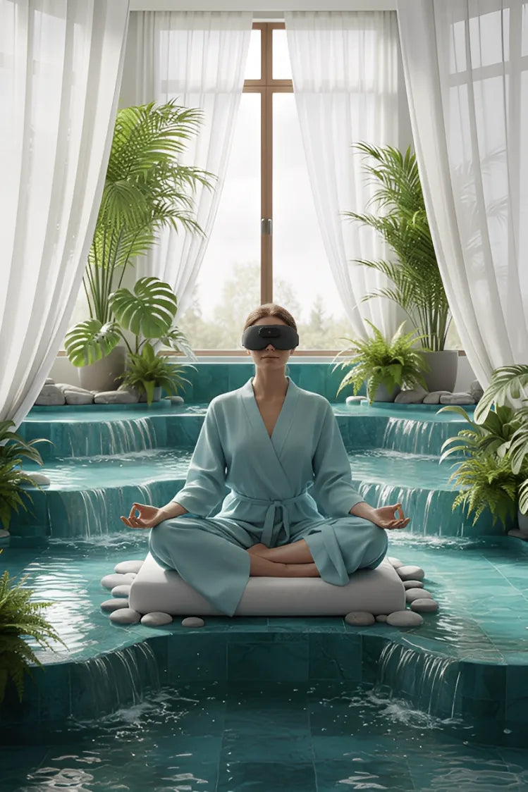 Séance de relaxation profonde avec masseur oculaire IceRelief dans un décor de spa turquoise pour une action par le chaud immédiate contre les migraines.