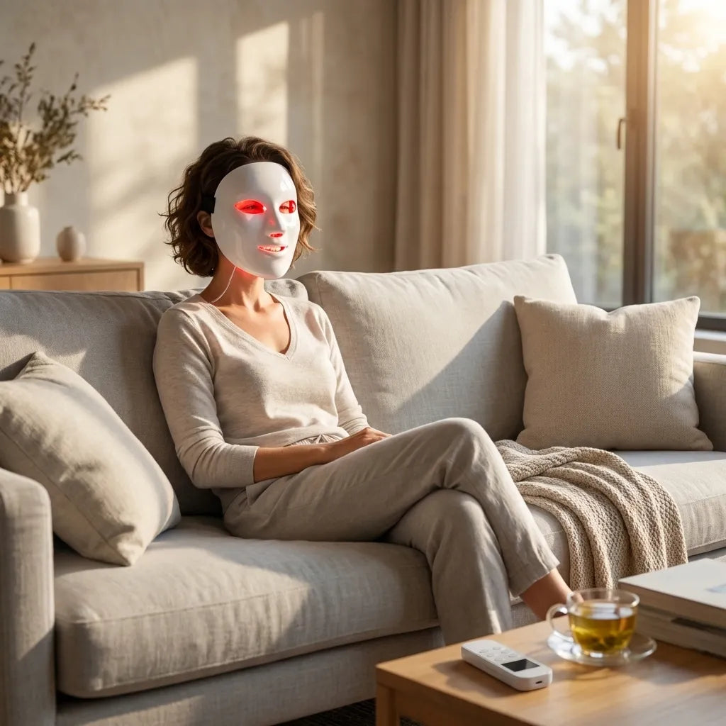 Femme relaxée utilisant le masque de luminothérapie LED blanc dans un salon moderne lumineux